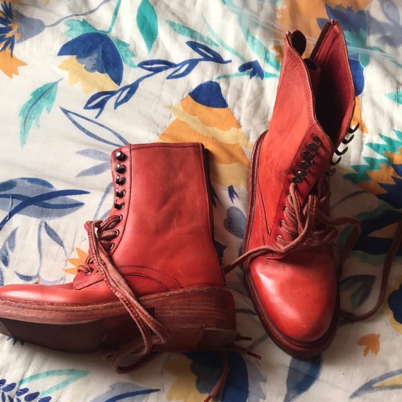 Free people NWOT lace up boots shoes booties heeled 36 6 orange leather - Picture 1 of 4